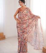 Peach heavy chinon printed saree with mirror work border
