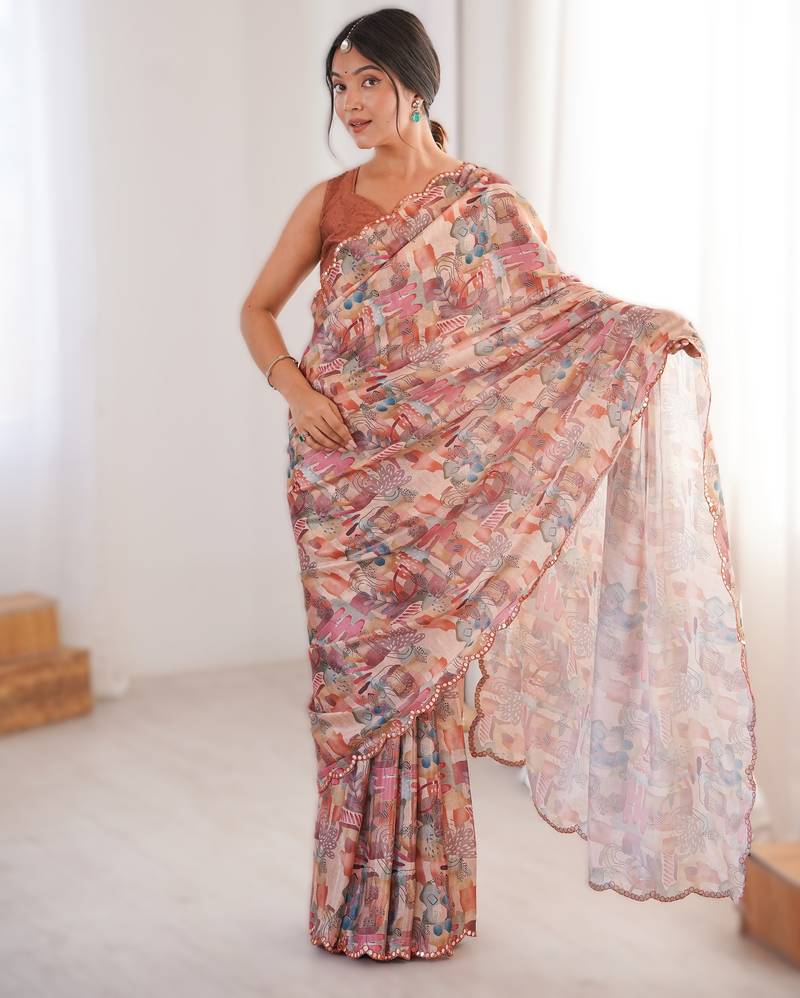 Peach heavy chinon printed saree with mirror work border