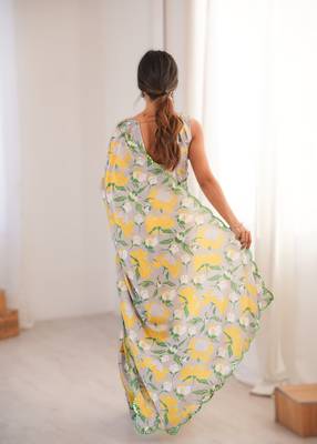 Light grey chinon printed saree with mirror work border 2