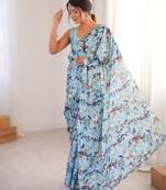 Sky blue heavy chinon printed saree with mirror work border