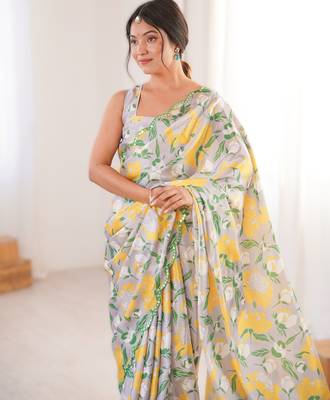 Light grey chinon printed saree with mirror work border 3