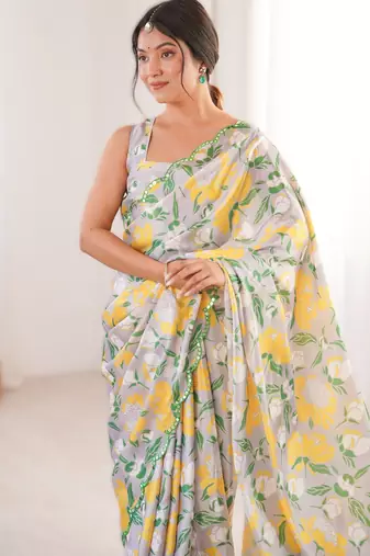 Light grey chinon printed saree with mirror work border
