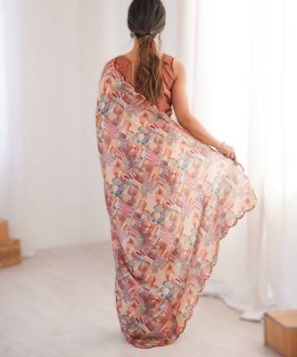 Peach chinon printed saree with mirror work border 2