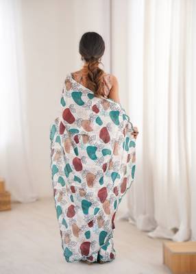 White chinon printed saree with mirror work border 2