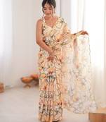 Light yellow heavy chinon printed saree with mirror work border