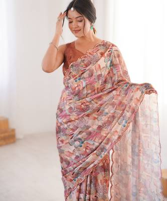 Peach chinon printed saree with mirror work border 3