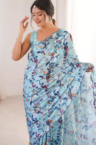 Sky blue chinon printed saree with mirror work border
