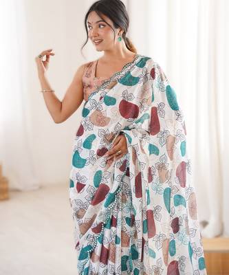 White chinon printed saree with mirror work border 3