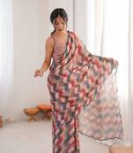 Peach heavy chinon printed saree with mirror work border