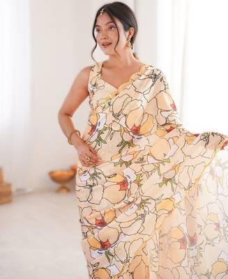 Light yellow chinon printed saree with mirror work border 3