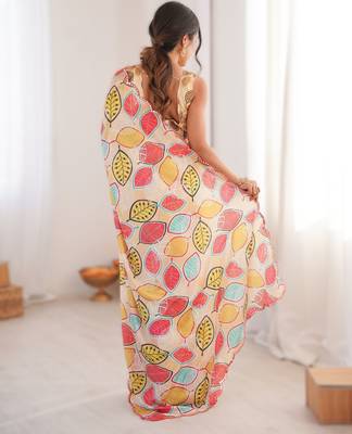 Yellow chinon printed saree with mirror work border 2