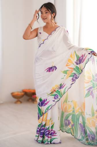 White heavy chinon printed saree with mirror work border