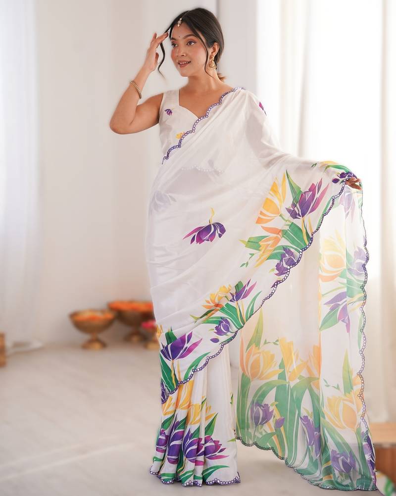 White heavy chinon printed saree with mirror work border