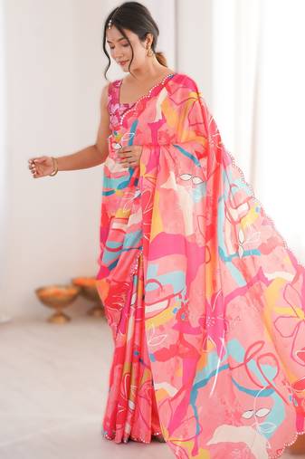 Pink heavy chinon printed saree with mirror work border