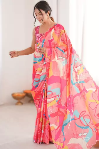 Pink heavy chinon printed saree with mirror work border