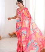 Pink heavy chinon printed saree with mirror work border