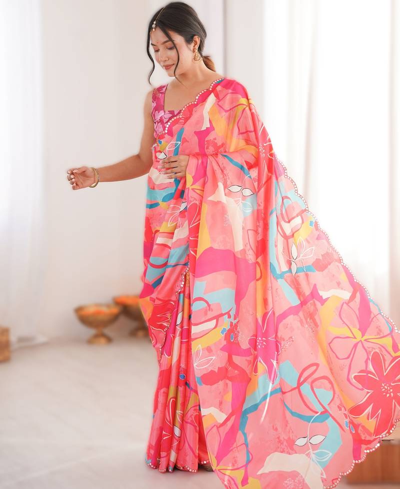 Pink heavy chinon printed saree with mirror work border