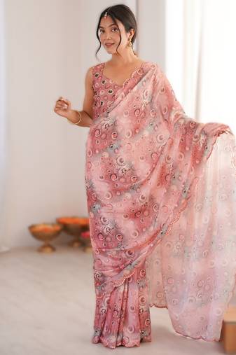 Light pink heavy chinon printed saree with mirror work border