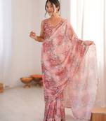 Light pink heavy chinon printed saree with mirror work border