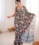 Black heavy chinon printed saree with mirror work border