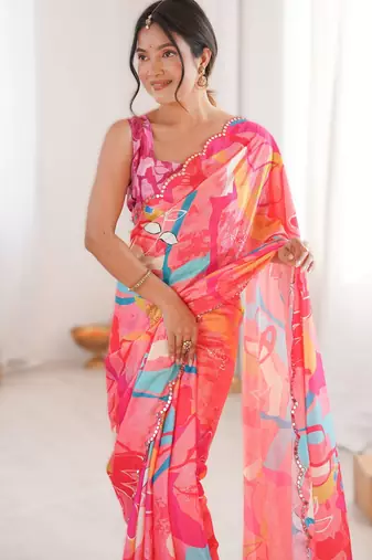 Pink chinon printed saree with mirror work border