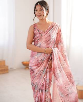 Light pink chinon printed saree with mirror work border 3