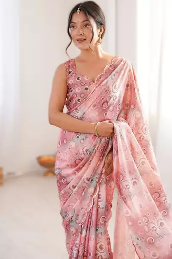 Light pink chinon printed saree with mirror work border