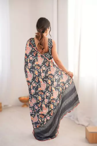 Black chinon printed saree with mirror work border