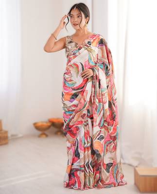 White chinon printed saree with mirror work border 1