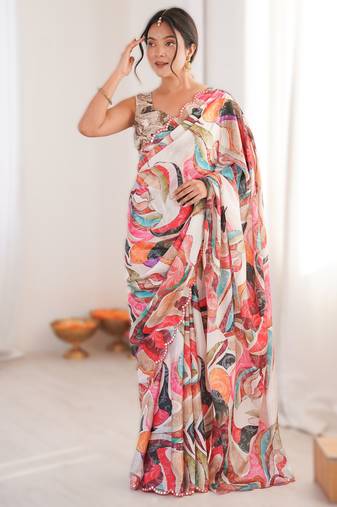 White heavy chinon printed saree with mirror work border