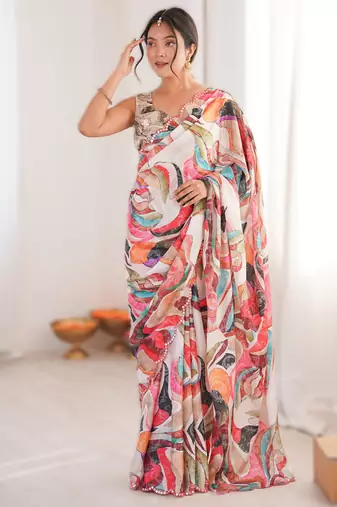 White heavy chinon printed saree with mirror work border