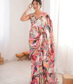 White heavy chinon printed saree with mirror work border