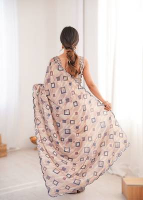 Chikoo chinon printed saree with mirror work border 2