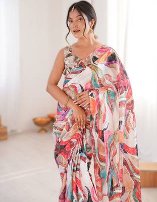 White chinon printed saree with mirror work border 3