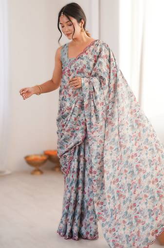 Blue heavy chinon printed saree with mirror work border