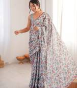 Blue heavy chinon printed saree with mirror work border