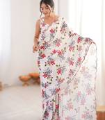 White heavy chinon printed saree with mirror work border