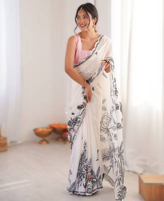 White chinon printed saree with mirror work border 1