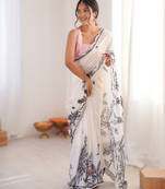 White heavy chinon printed saree with mirror work border