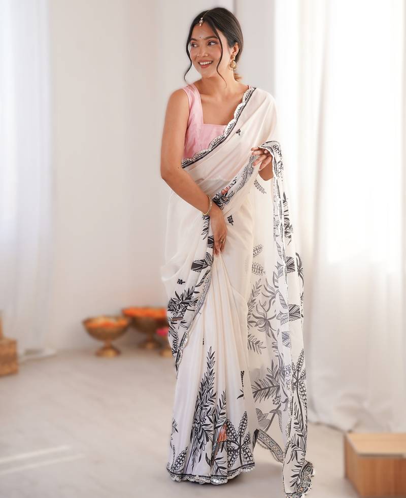 White heavy chinon printed saree with mirror work border