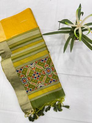 yellow soft khadi raw art silk blend saree with patola pallu 3