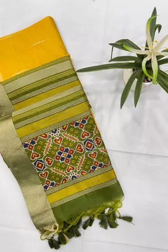 yellow soft khadi raw art silk blend saree with patola pallu