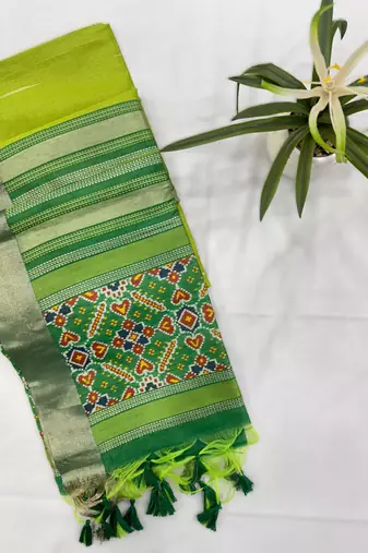 green soft khadi raw art silk blend saree with patola pallu