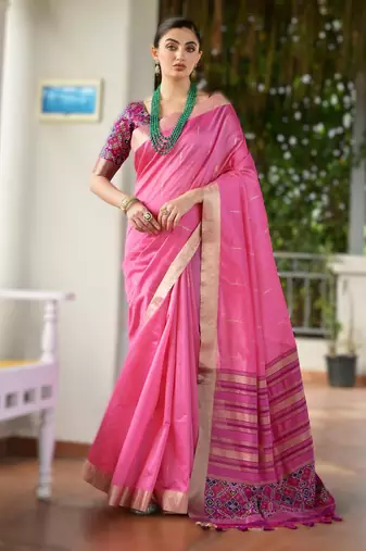 pink soft khadi raw art silk saree with patola pallu