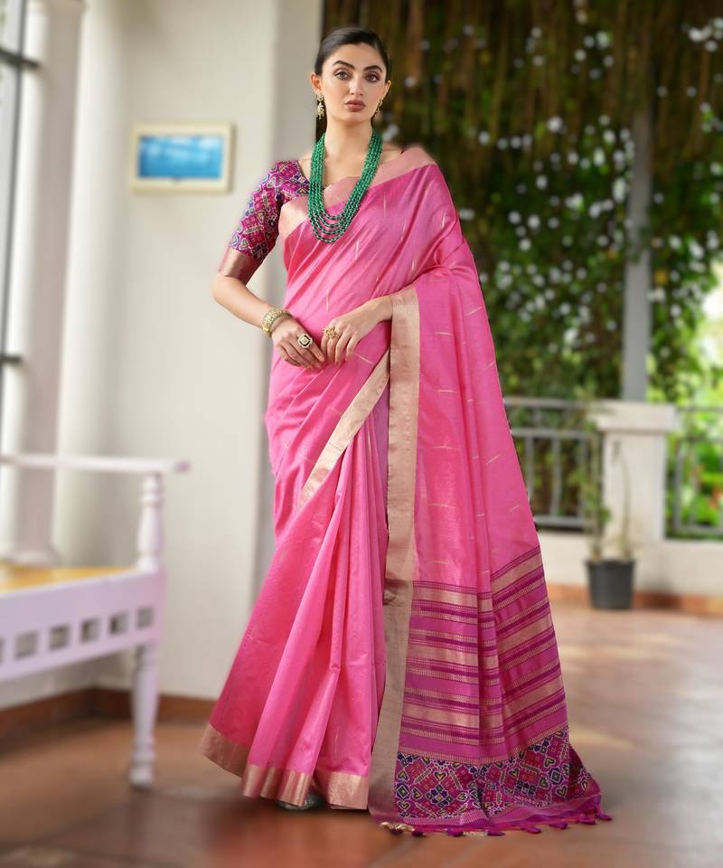 pink soft khadi raw art silk saree with patola pallu