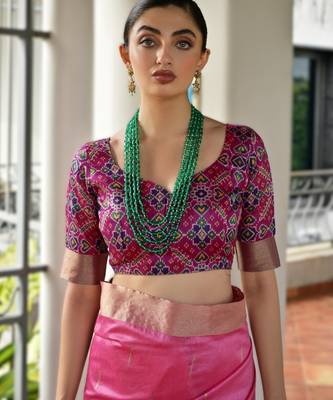 pink soft khadi raw art silk blend saree with patola pallu 2