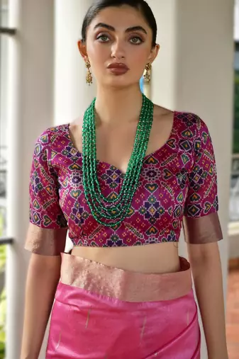 pink soft khadi raw art silk blend saree with patola pallu