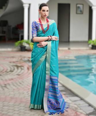 blue soft khadi raw art silk blend saree with patola pallu 1