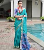 blue soft khadi raw art silk saree with patola pallu