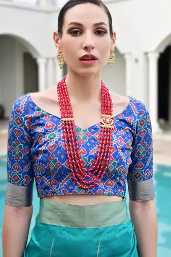 blue soft khadi raw art silk blend saree with patola pallu
